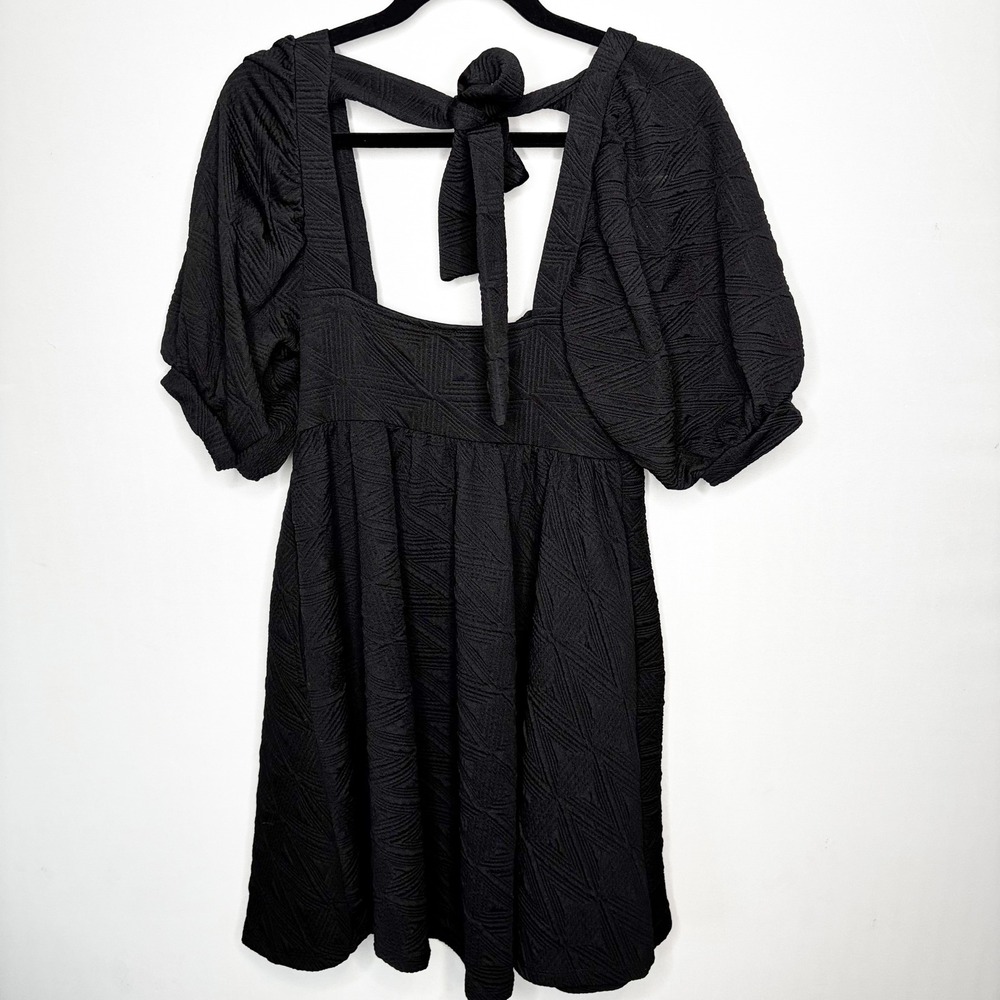 Free People Violet Mini Dress‎ Black Textured Puff Sleeve Open Back Tie Size S - Picture 6 of 10